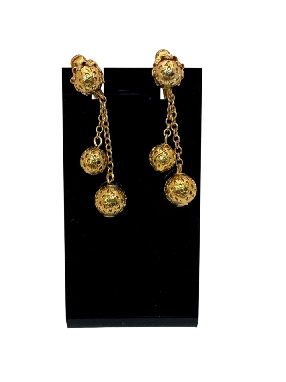 Vintage Vendome Gold-Tone Clip-On Dangle Earrings Textured Chains Ball Accents
